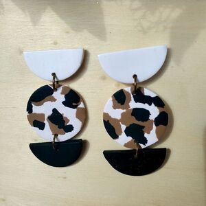 Leopard print clay dangle earrings with accent pieces stud post closure dangles